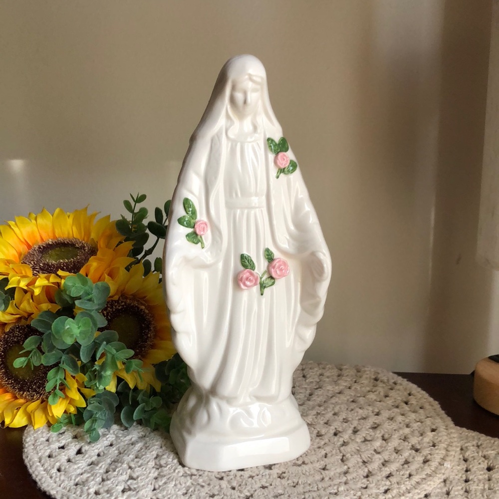 White Ceramic Virgin Mary Figurine with Pink Rose Accents